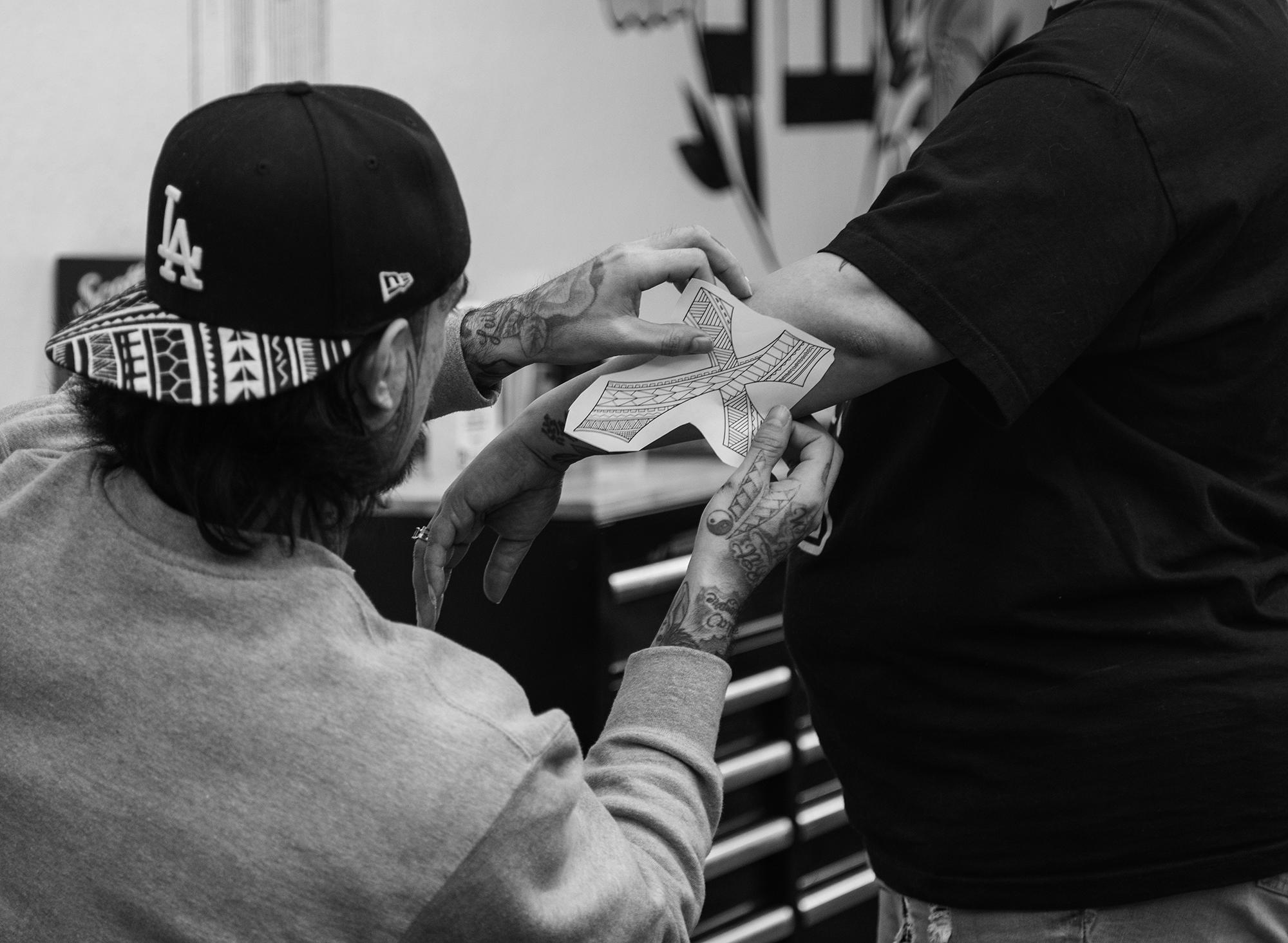 Tattoo stencil going on a client at Rich in Flesh tattoo studio in Livermore, CA